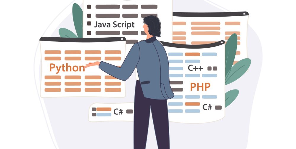 Programmer working on web development code. Engineer programming in python, php, java script on computer. Vector illustration professional software developers concept